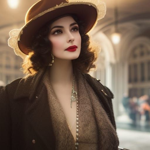 Elegant 1920s Woman at Train Station in Digital Art