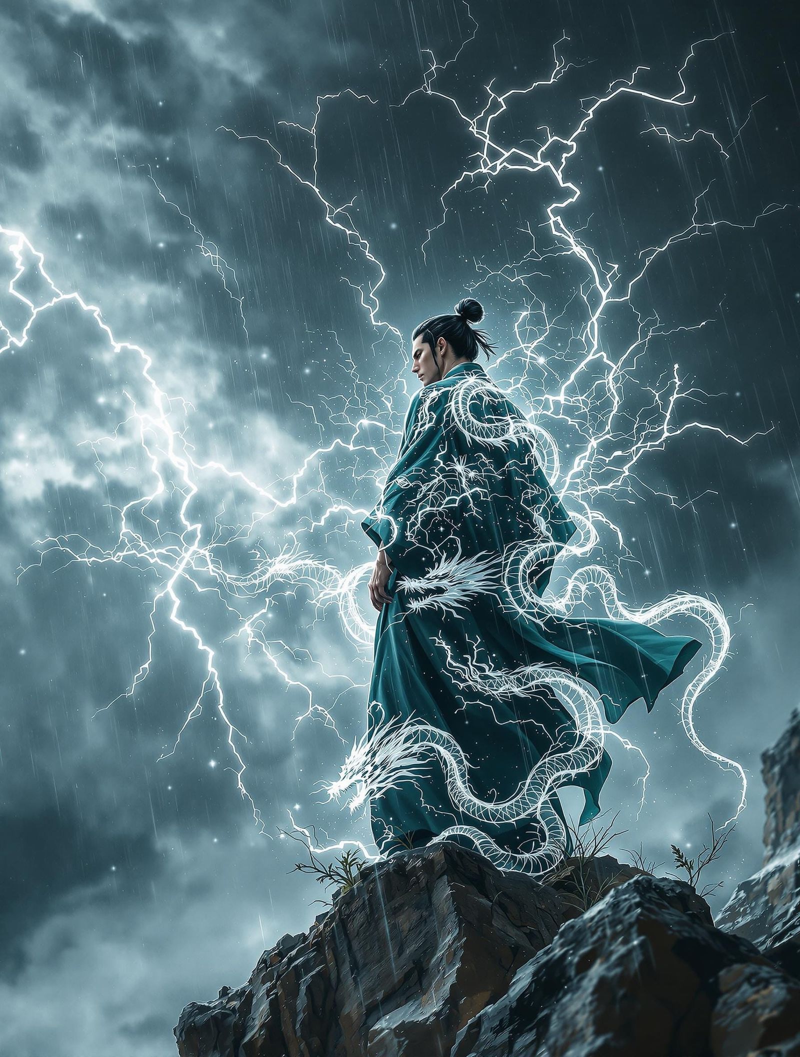 Japanese Man in Storm with Dragon Kimono