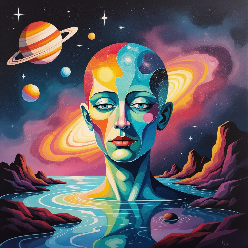 Surreal Gouache of Skerd with Planets and Nebulas