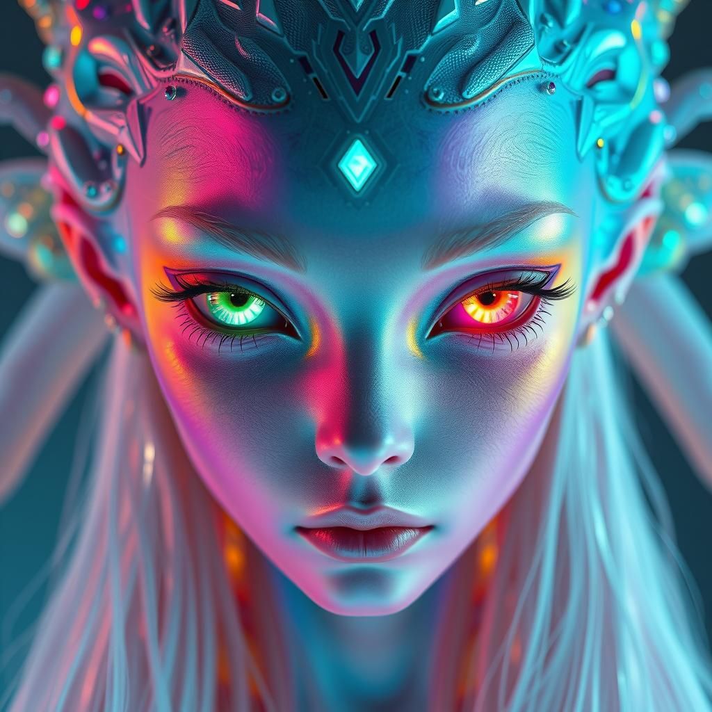 Ethereal Being with Iridescent Skin and Crystalline Adornmen...