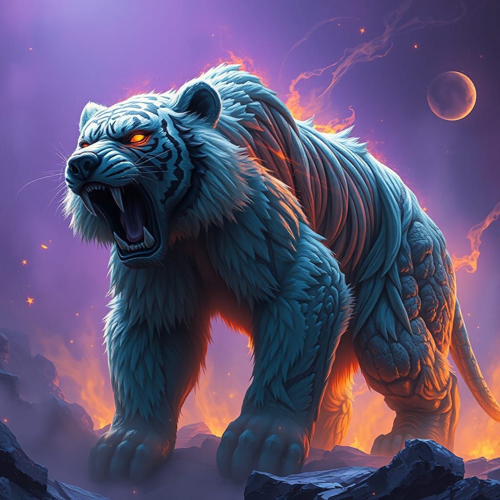 Furious Bear-Tiger Hybrid in Dark Fantasy Realm