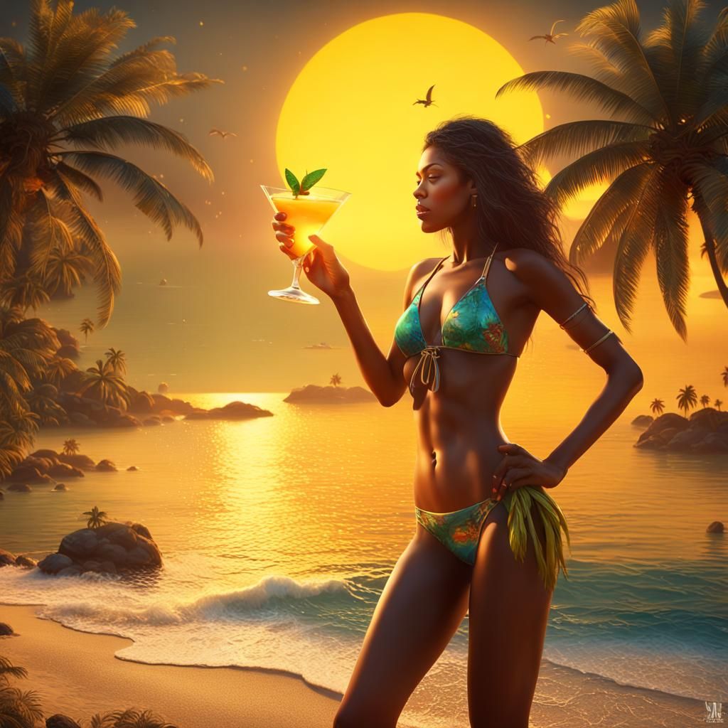 Woman on Beach at Sunset: Fantasy Concept Art