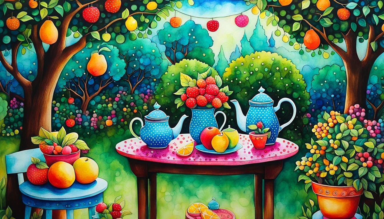 Magical Garden Scene in Naive Alcohol Ink Art