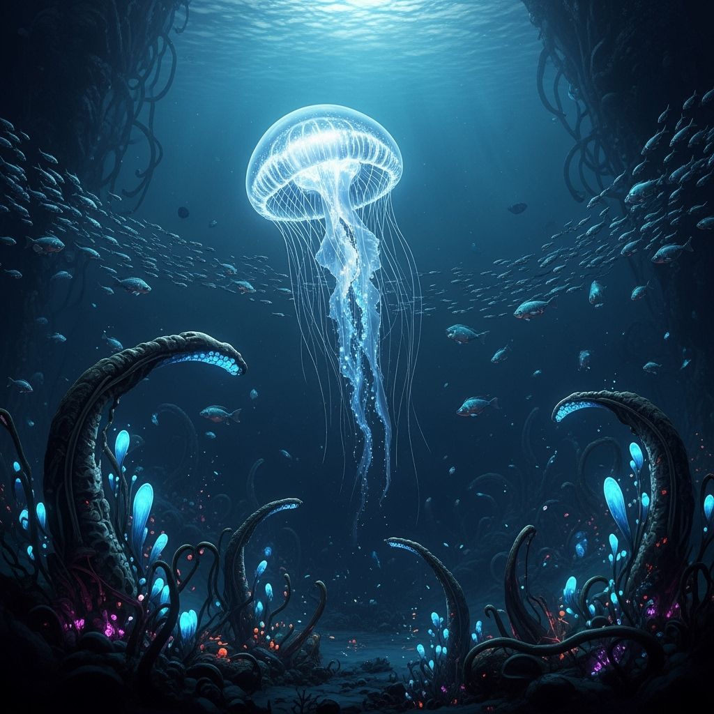 Bioluminescent Jellyfish in Alien Ocean with Glowing Fish