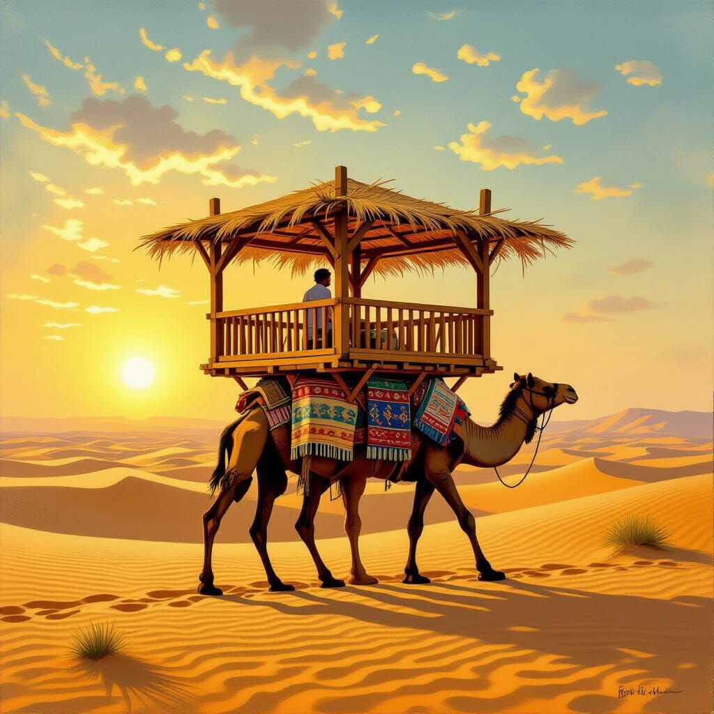 Sukkah on Camel in Desert Landscape Oil Painting