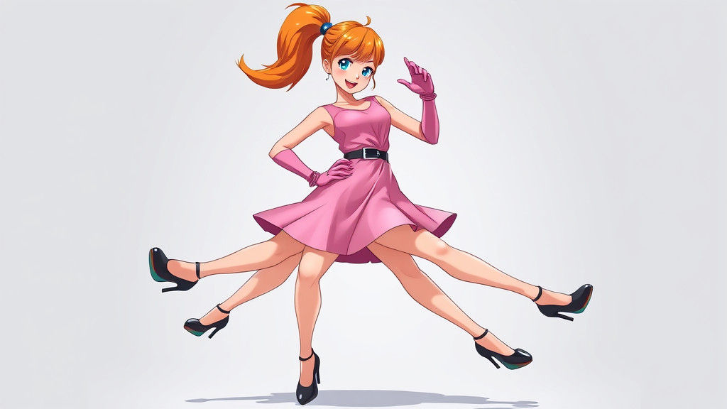 Anime-Style Woman Tap Dancing with Orange Hair
