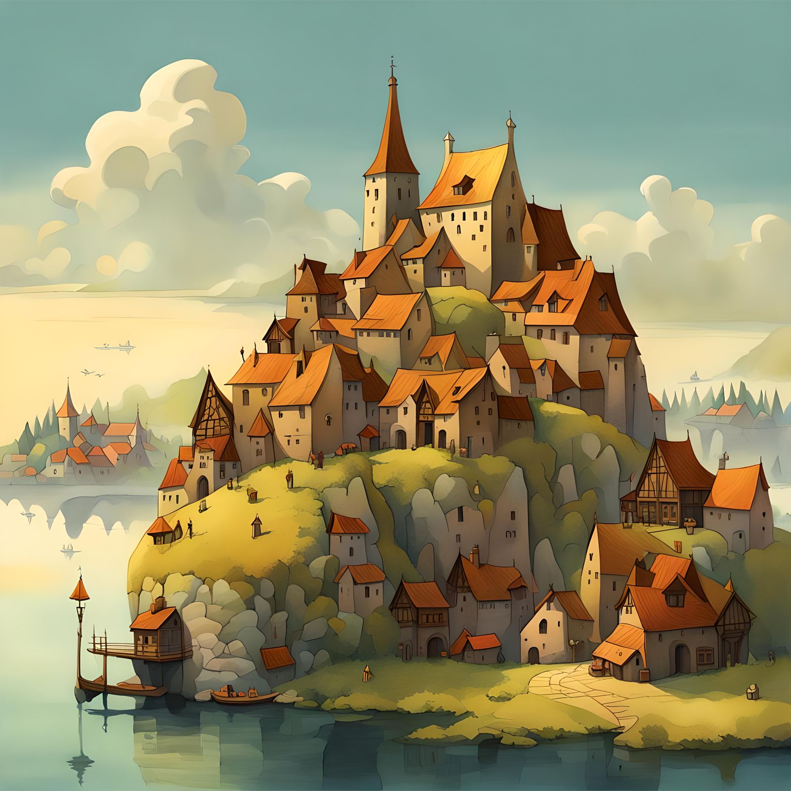 Charming Medieval Island Village in Gouache Style