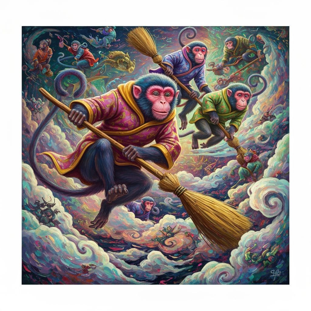 Monkeys Ride Brooms in a Surreal Fantasy World
