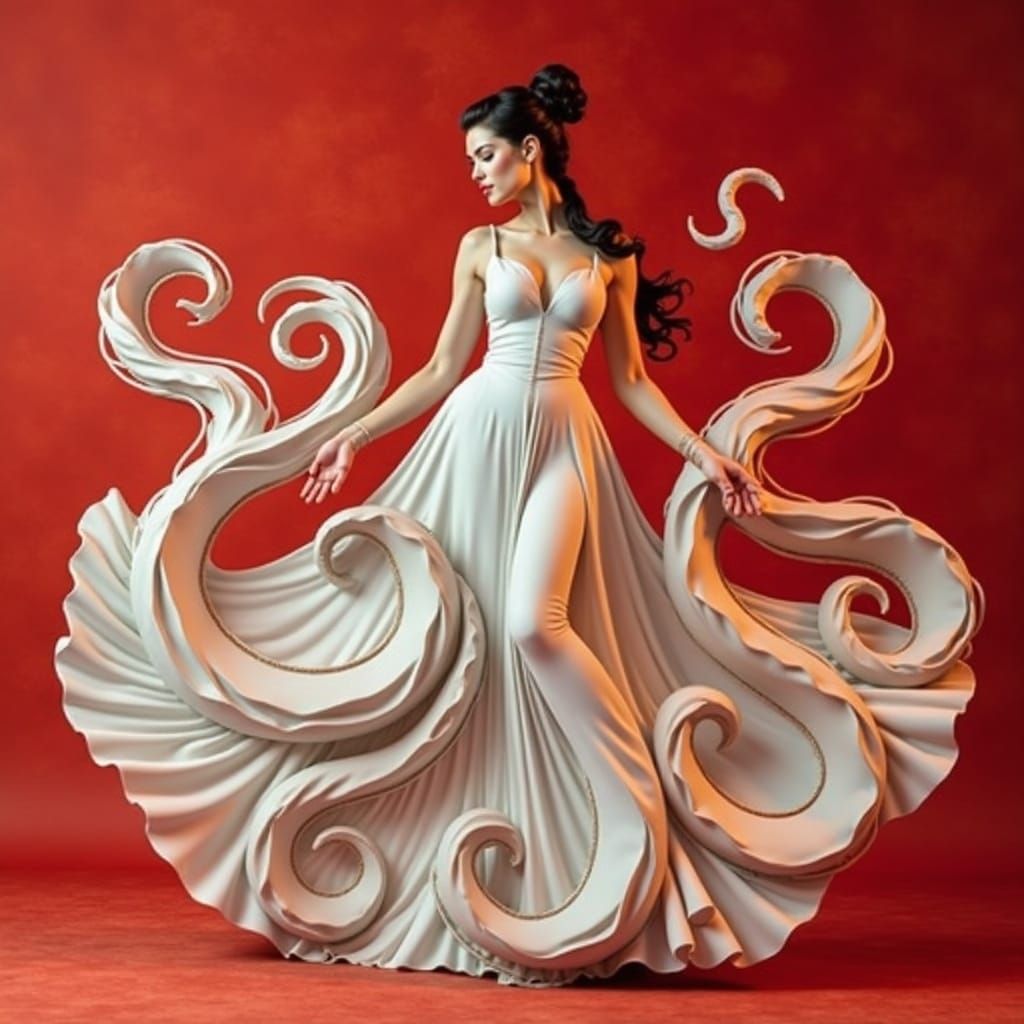 Red-Hued Woman in White Dress on Carmine Textures