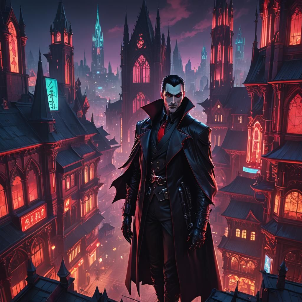 Dracula in Neon-Lit Cyberpunk Anime Night City