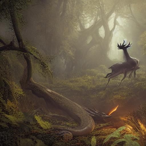 Grey Dragon Hunts Deer: Dark Fantasy Concept Art
