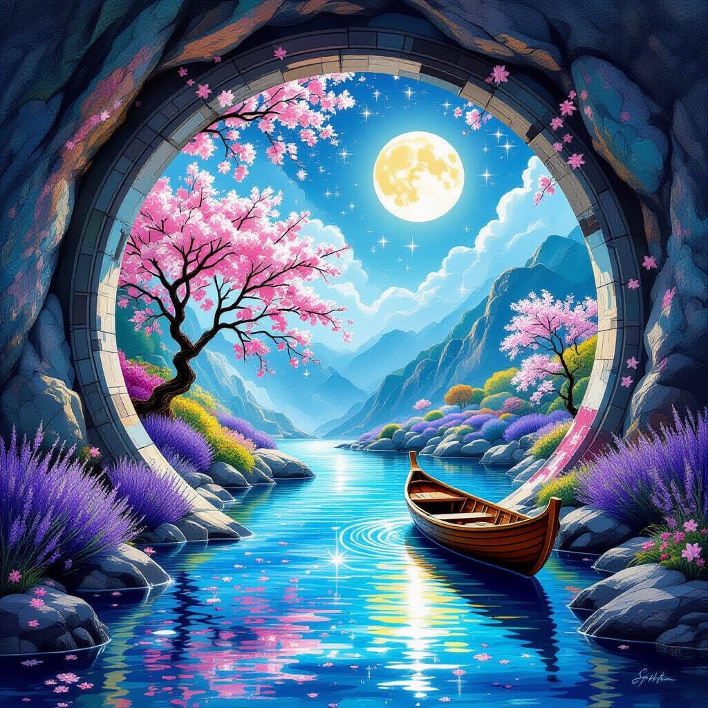 Magical Cave Entrance with Cherry Blossoms in Watercolor Sty...