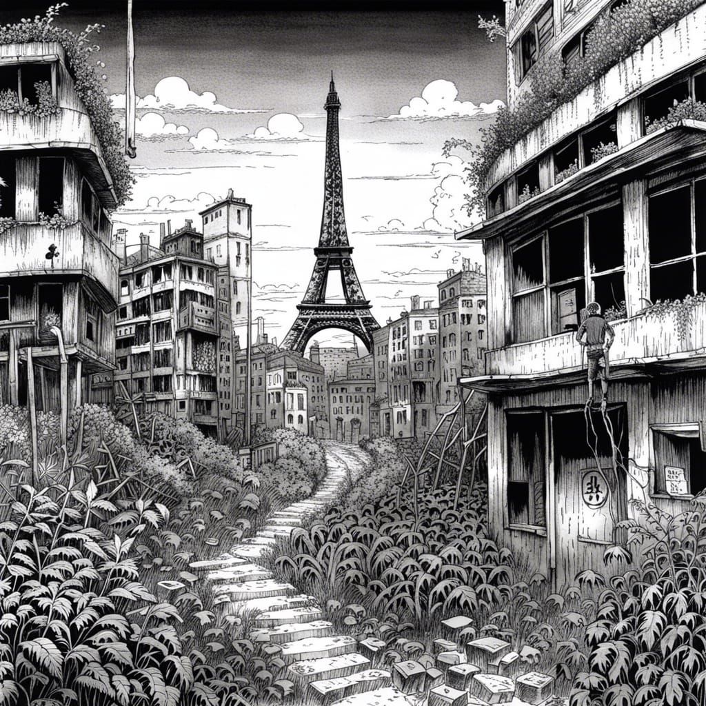 Post-Apocalyptic Paris in Junji Ito Manga Style