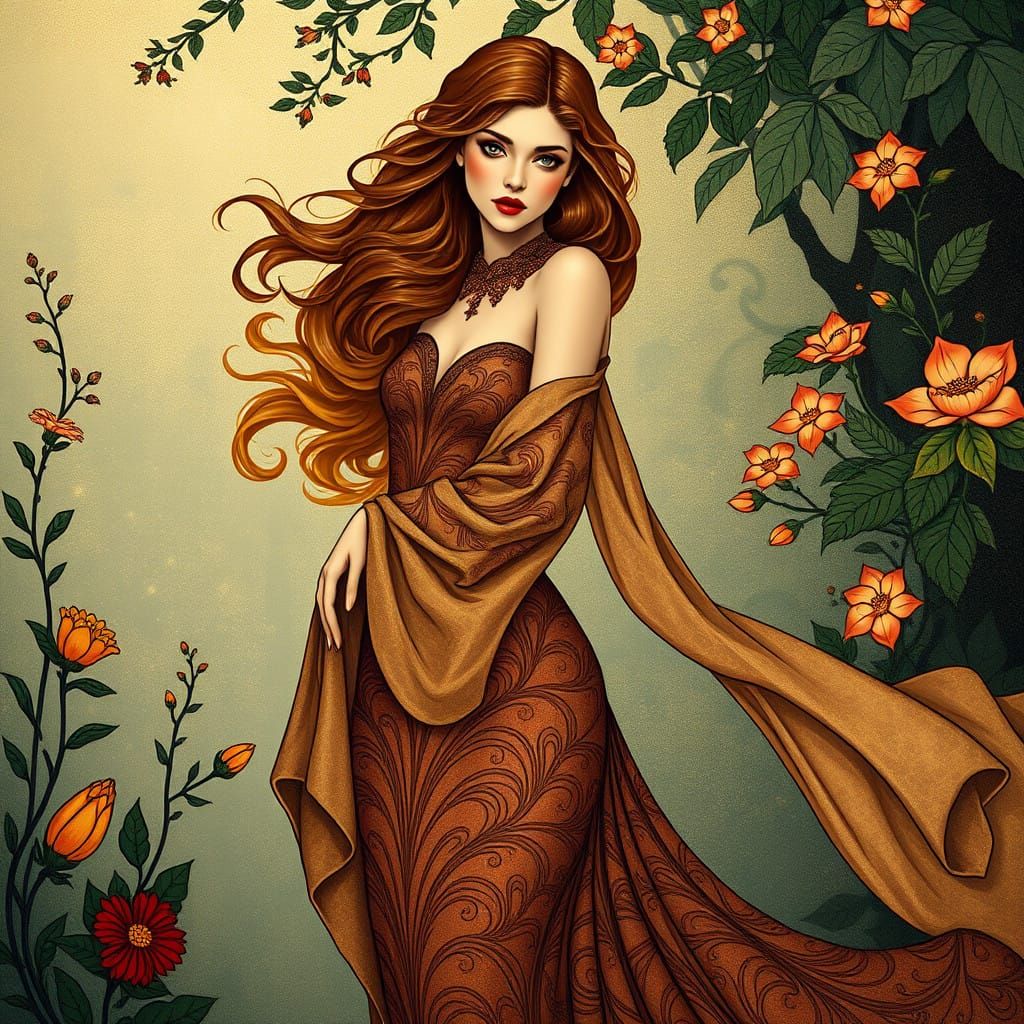 Ethereal Art Nouveau Portrait of a Mythical Siren with Elega...