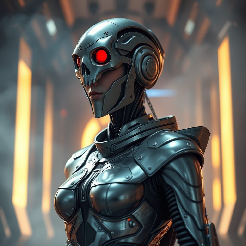 Cyberpunk Woman in Metallic Armor, Red Eyes, and Shallow Dep...