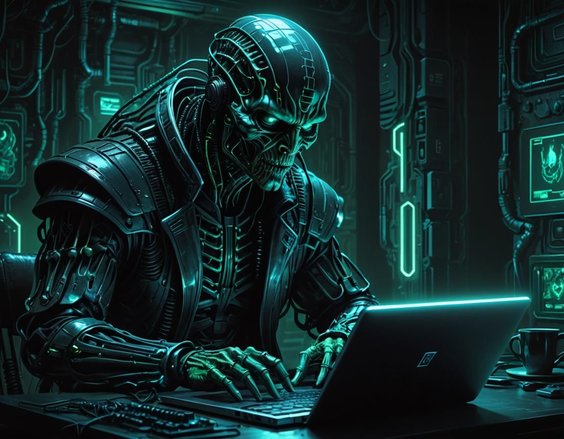 Sinister Cyberpunk Figure Typing in Neon Glow