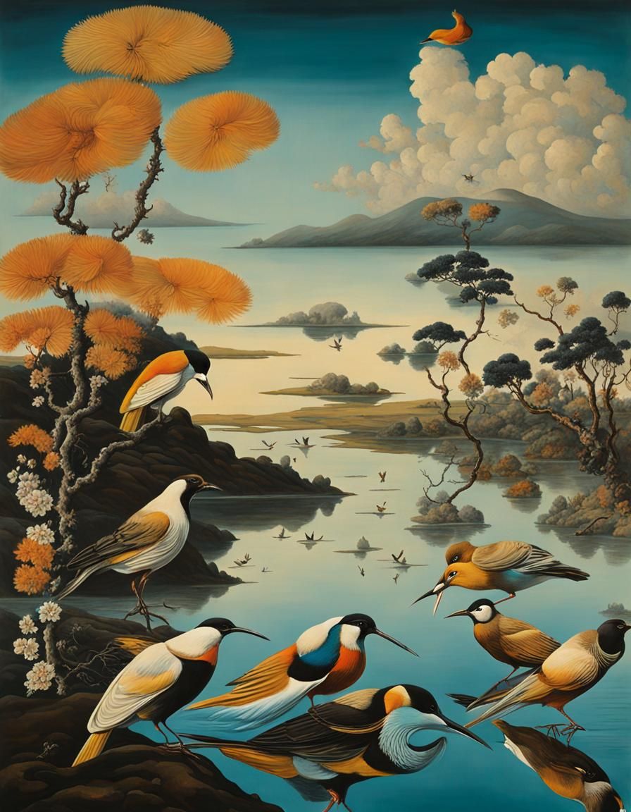 Surreal Birds in a CGI Renaissance Landscape