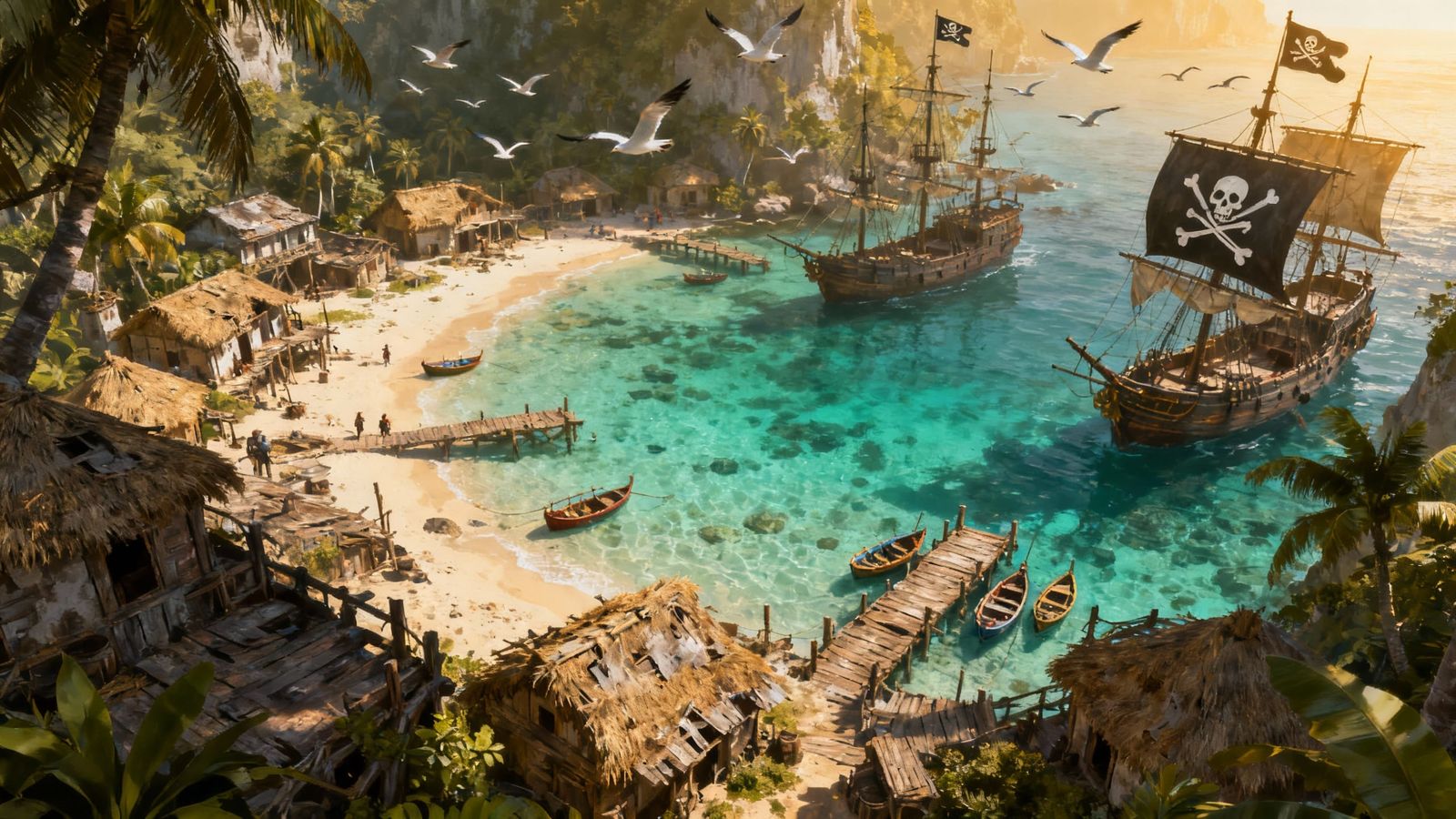 Pirate's Cove: Birds Eye View with Ships and Huts
