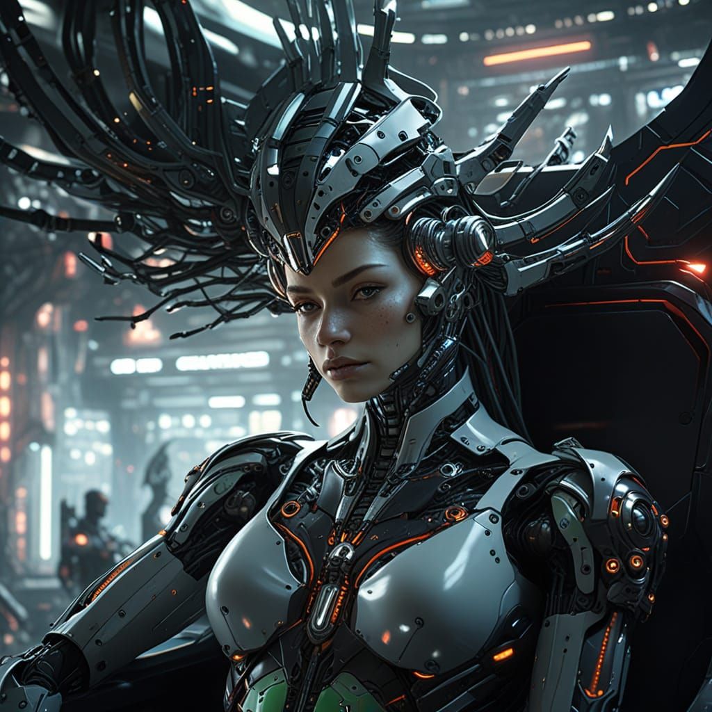 Cyberpunk Goddess of a Futuristic Throne