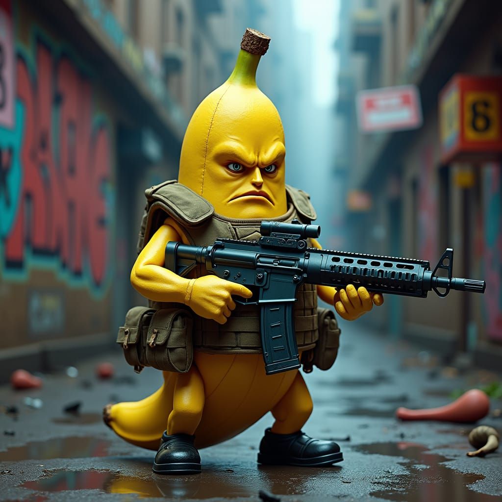 Tactical Banana in Dystopian Cyberpunk Cityscape