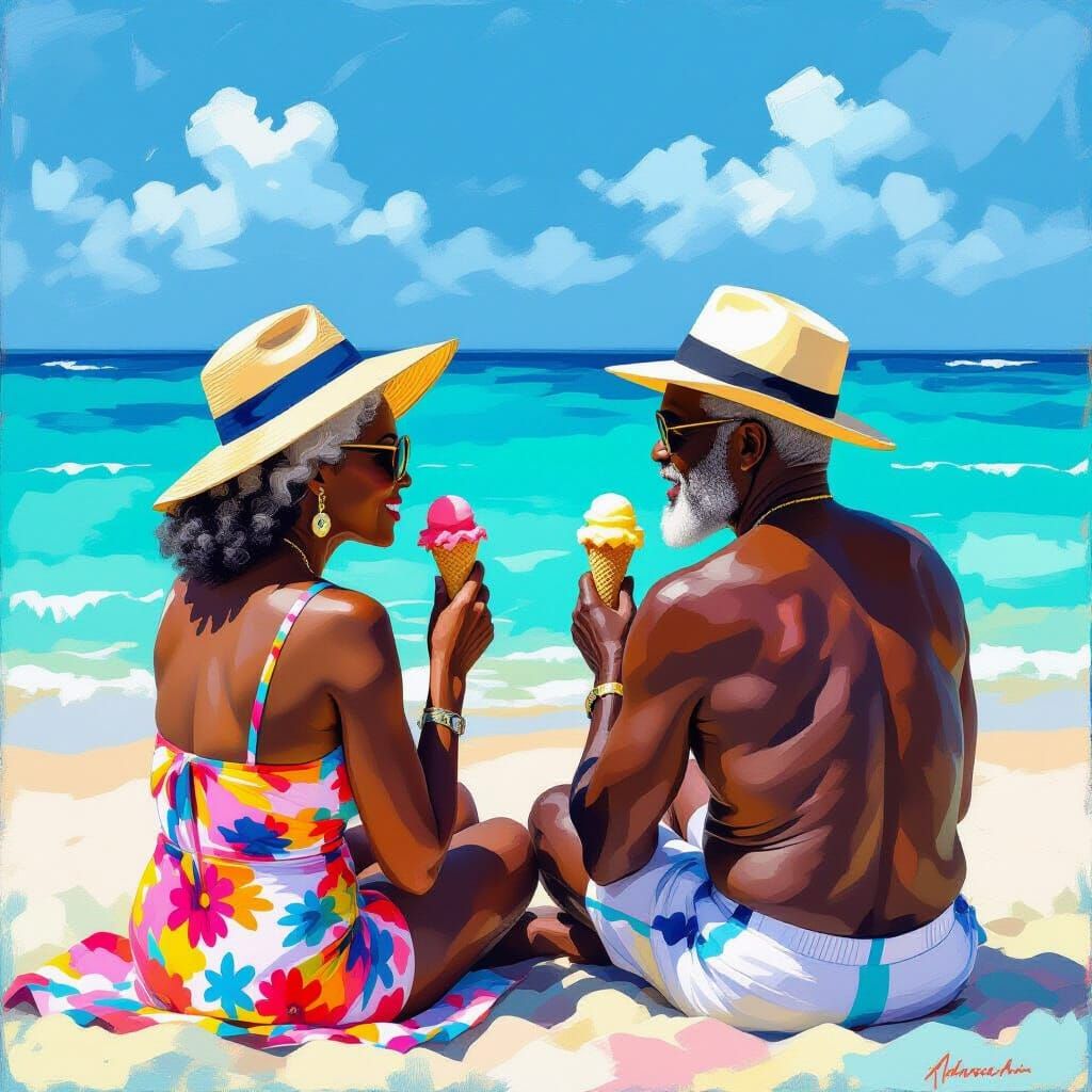 Couple on Caribbean Beach in Vibrant Abstract Style