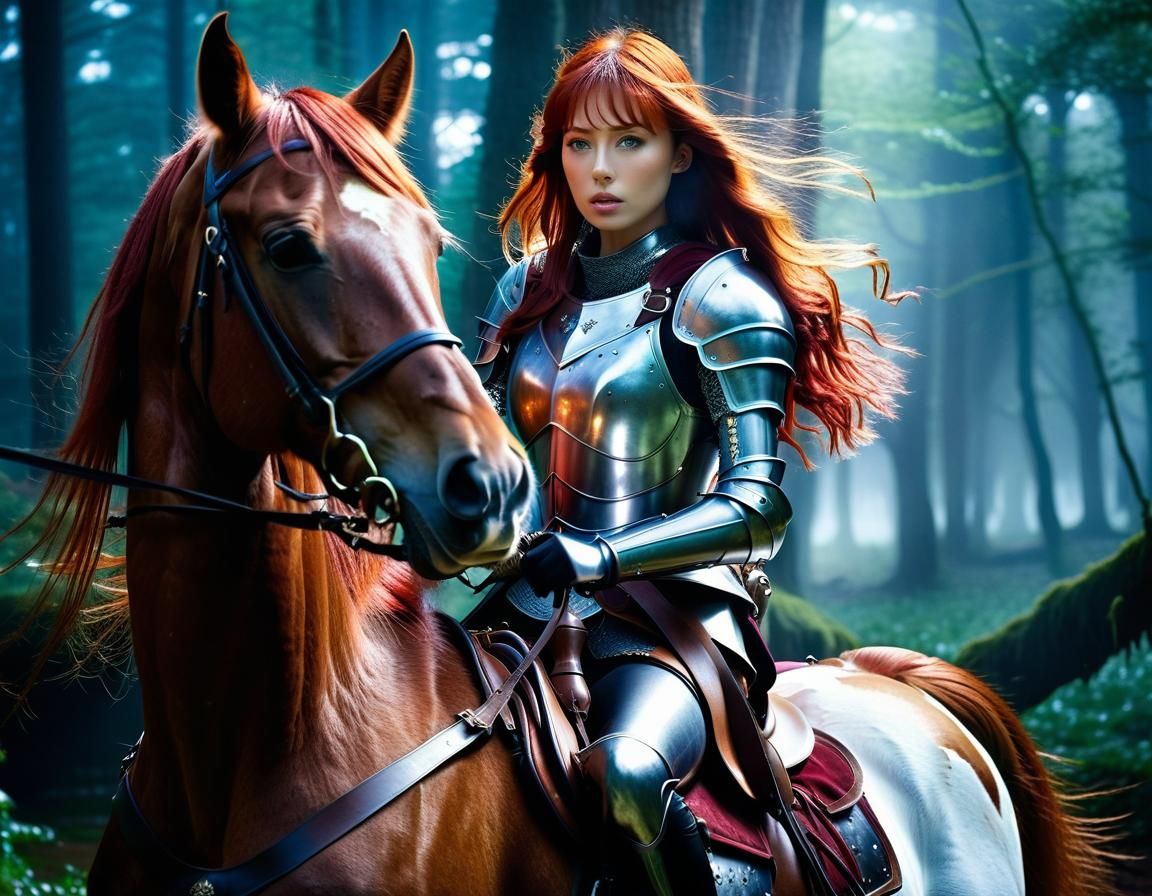 Red-Haired Knight Rides Through Enchanted Forest