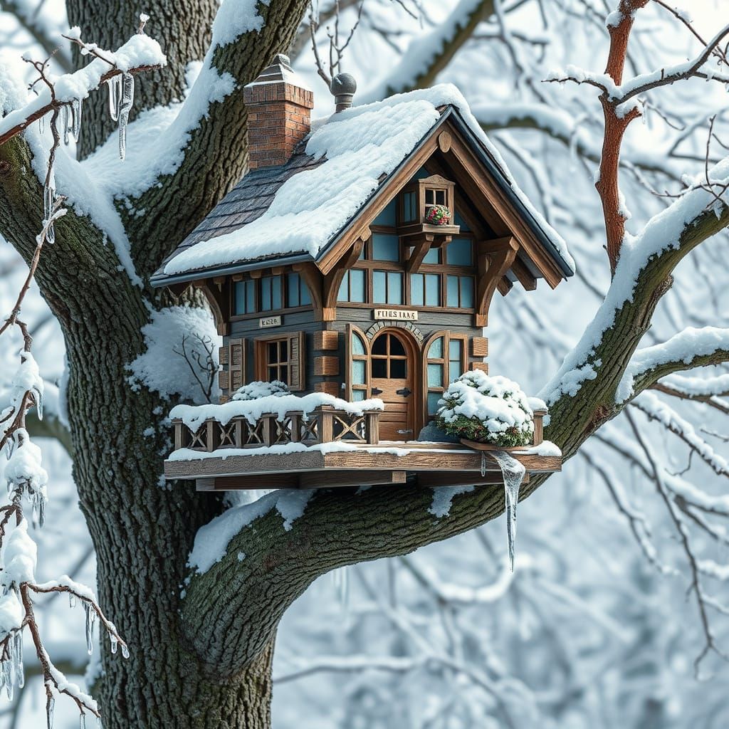Quaint Swiss Chalet Birdhouse in Winter