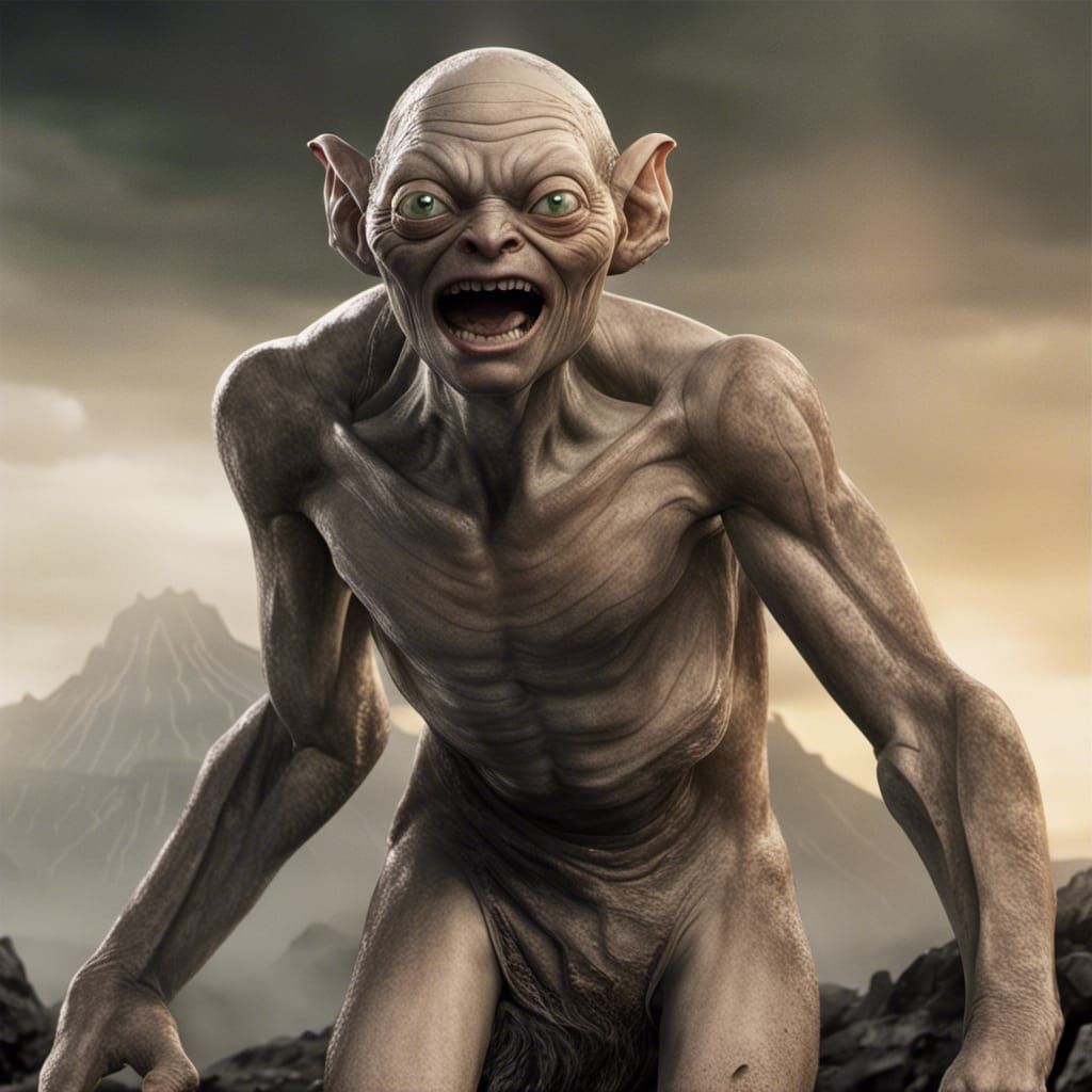 Gollum Confronts Sauron Before Volcanic Landscape
