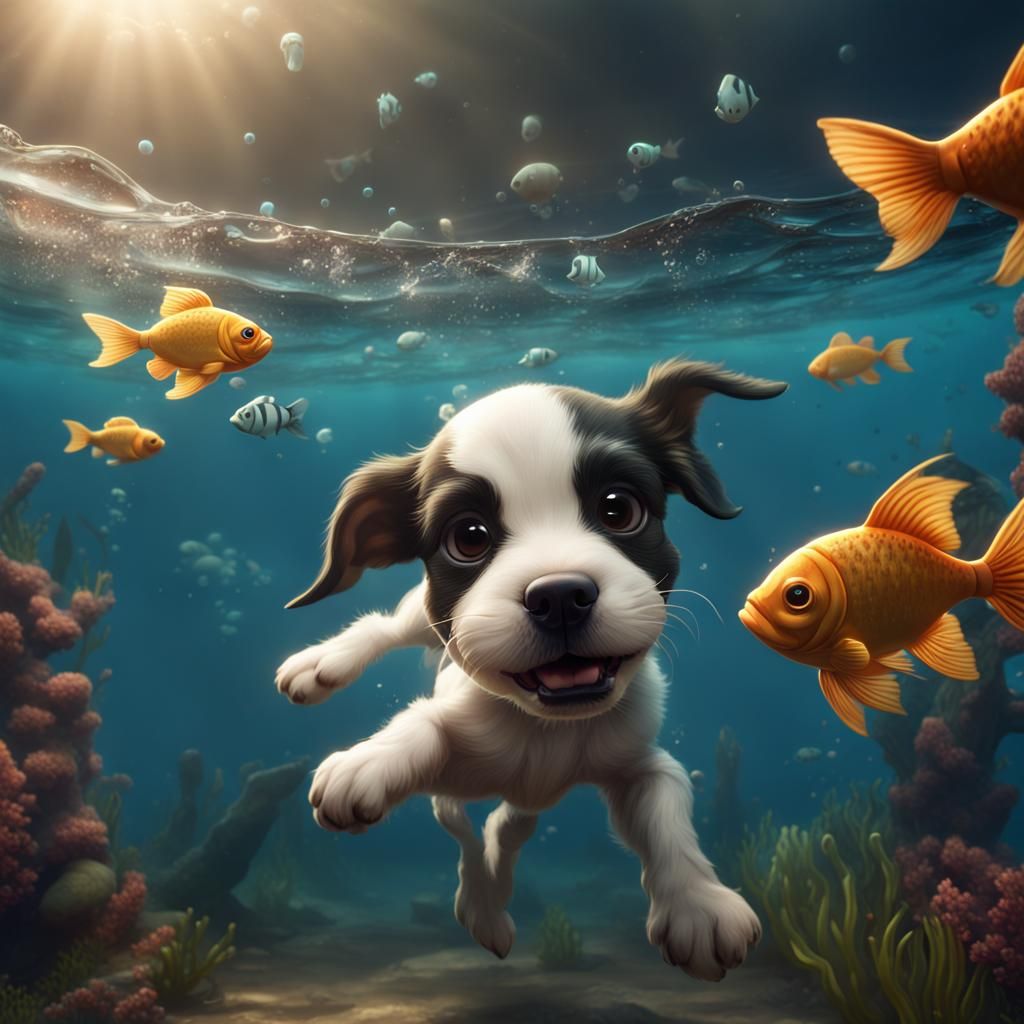 Cute Puppy's Underwater Adventure: Fantasy Art
