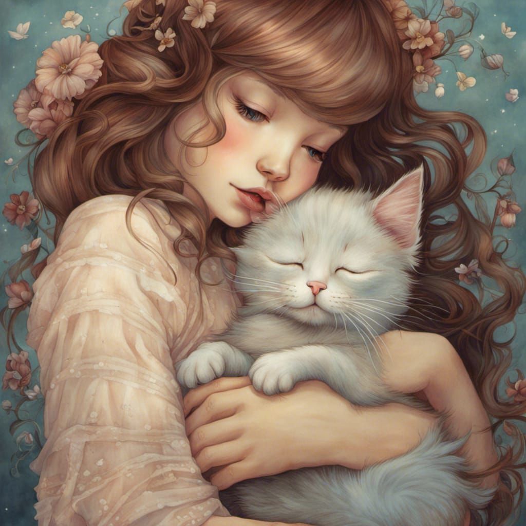 Girl Holding Kitten in Surreal Illustration Style