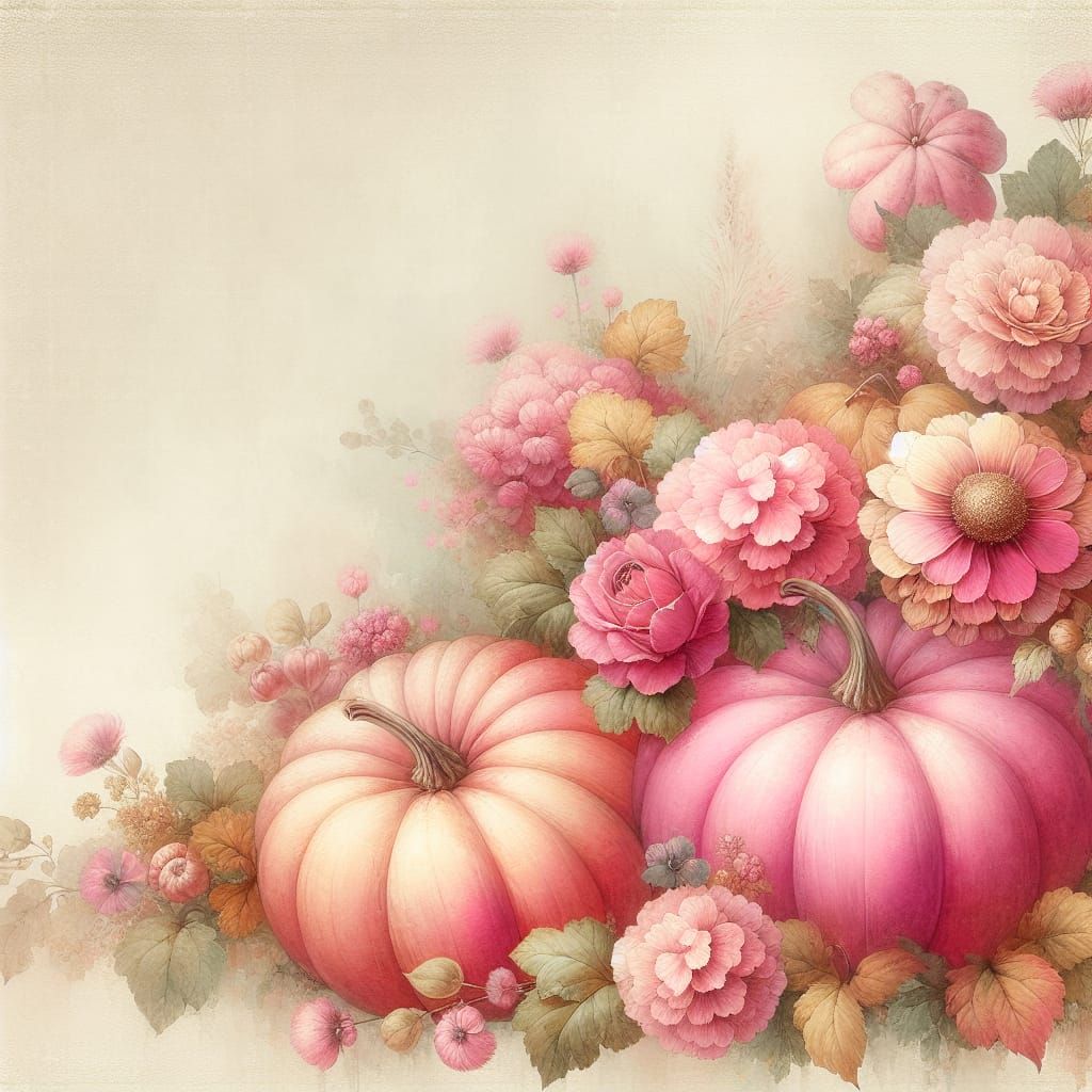 Ethereal Pink Pumpkins and Flowers in Watercolor Style