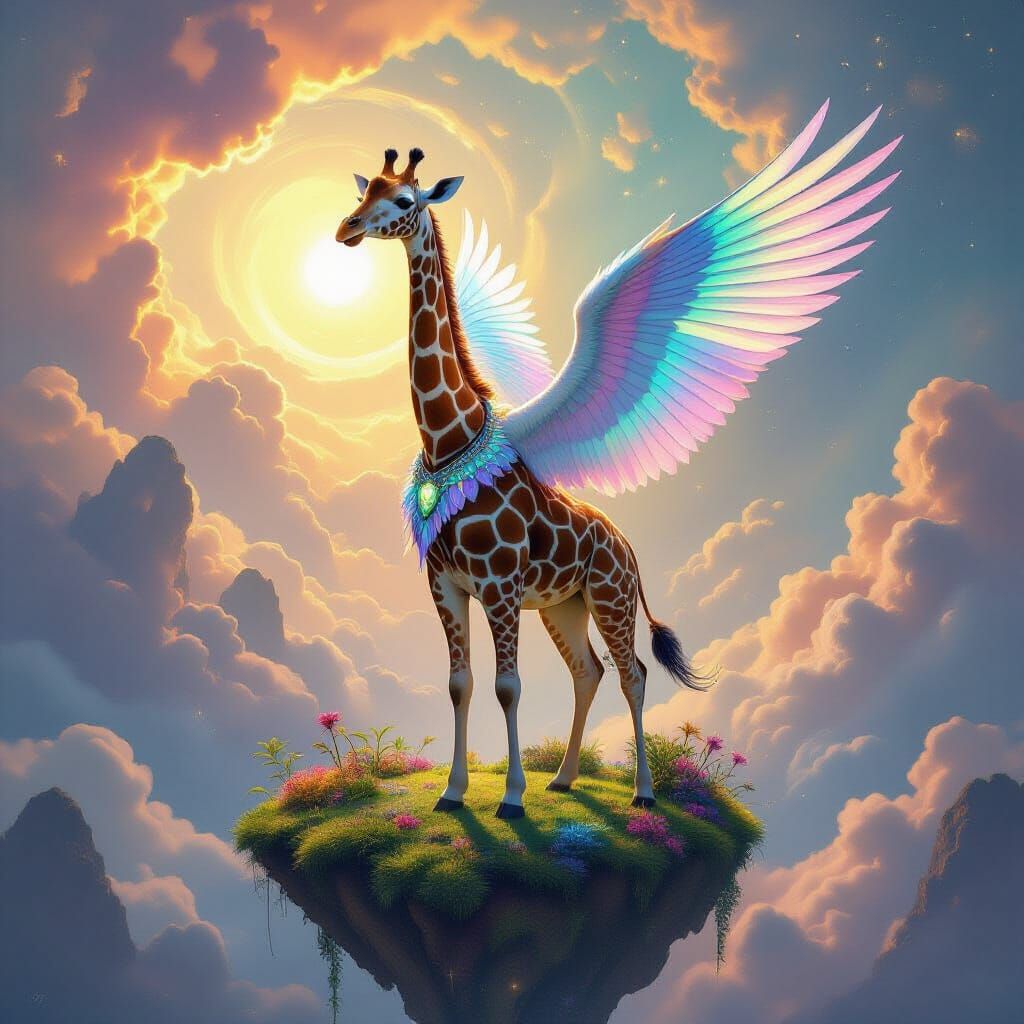 Winged Giraffe on Floating Island in Nebula