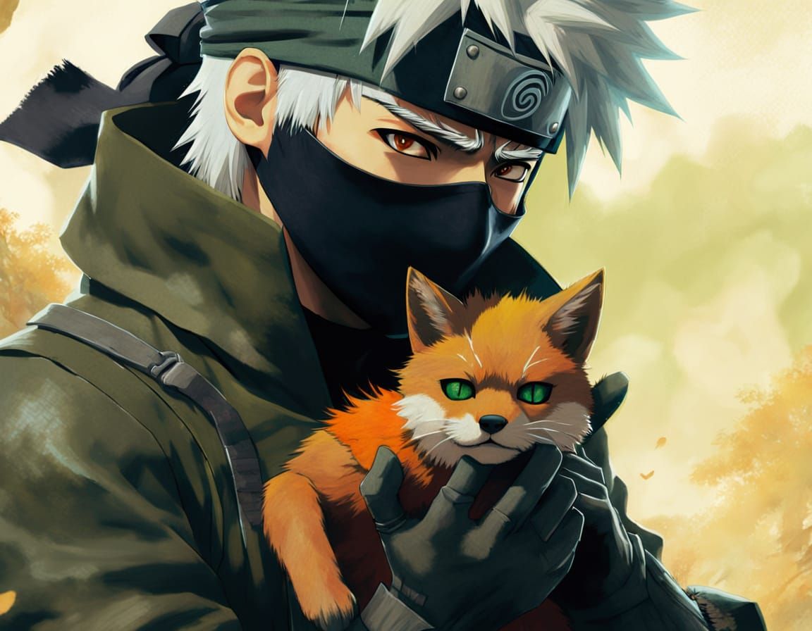 Kakashi Admires Baby Kurama in Realistic Anime Portrait