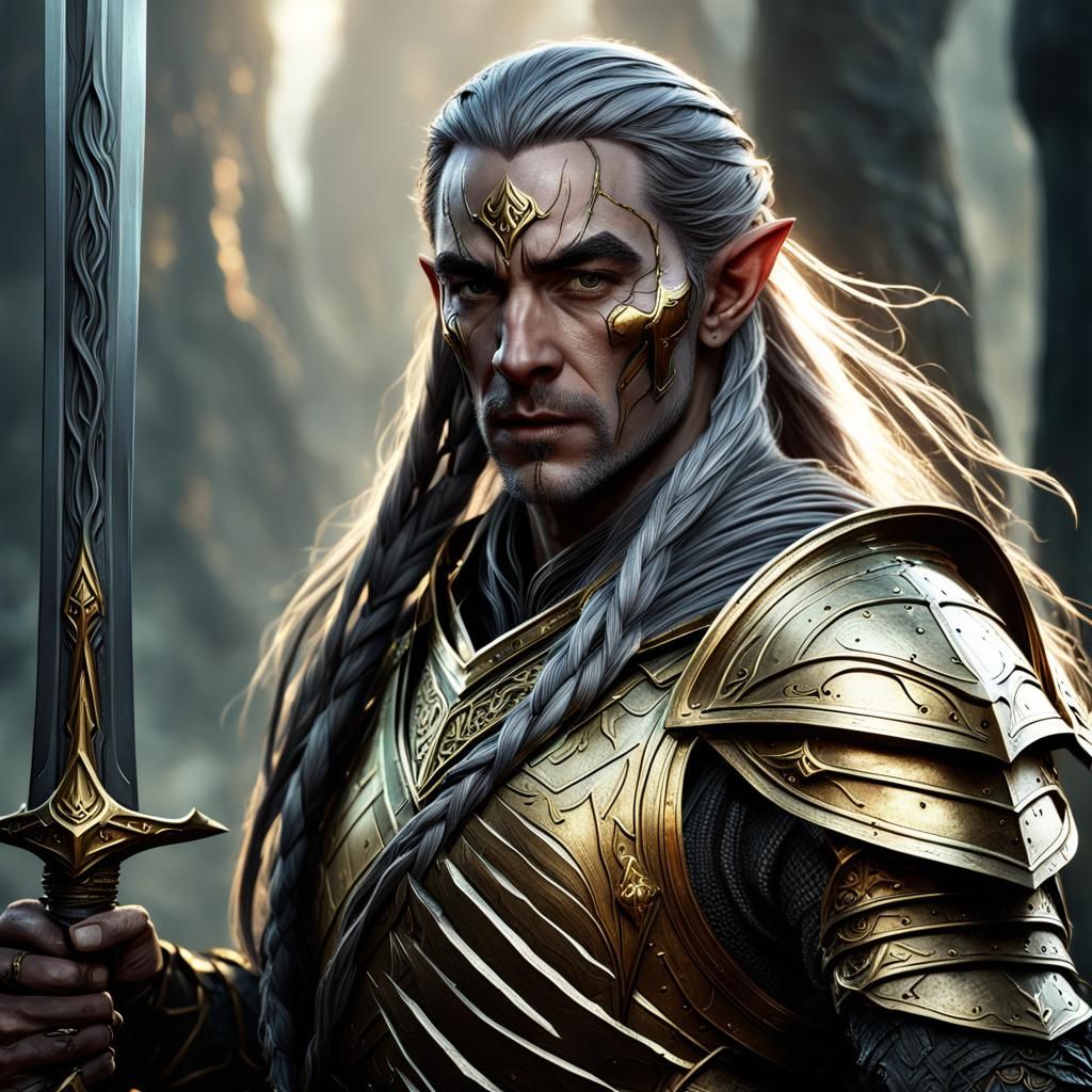 portrait of a grim elven warrior with a long-braided hair, g...