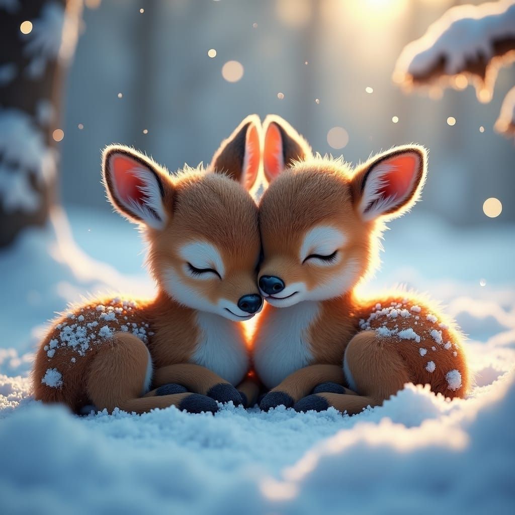 Adorable Deer Nuzzle in Snowy Winter Wonderland
