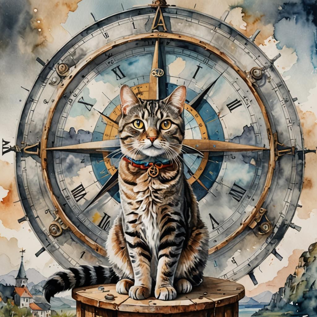 Tabby Cat and Ginormous Compass: Surreal Watercolor