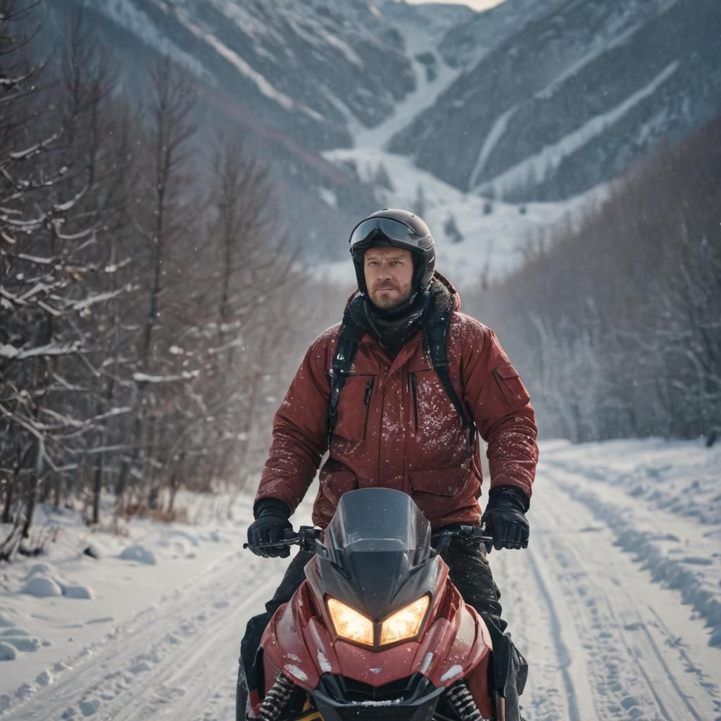 Slavic Man on Snowmobile in Winter Wonderland
