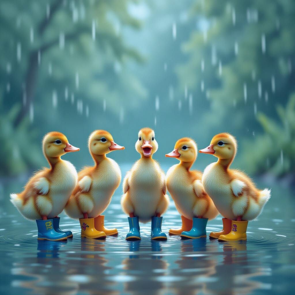 Ducklings Dancing in Rain Boots with Abstract Fractals