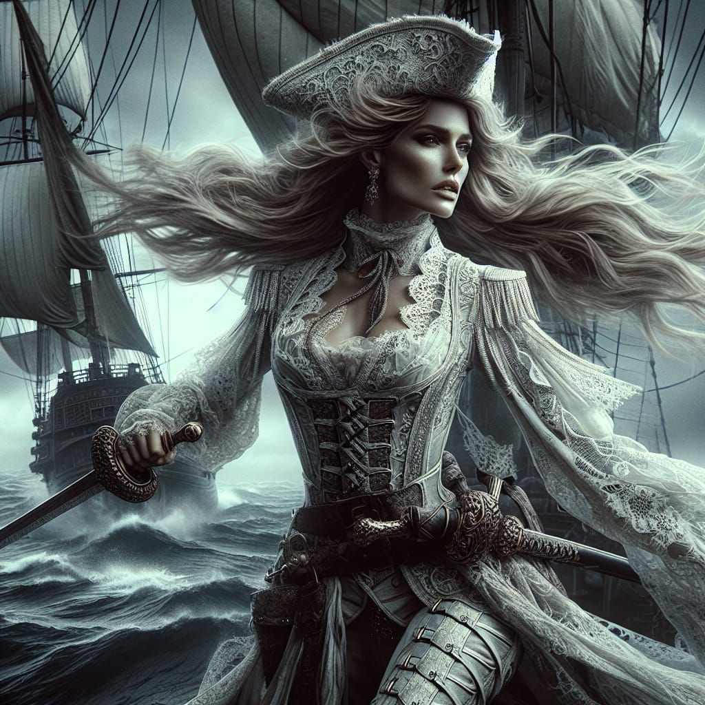 Epic Pirate Queen in White Lace Armor