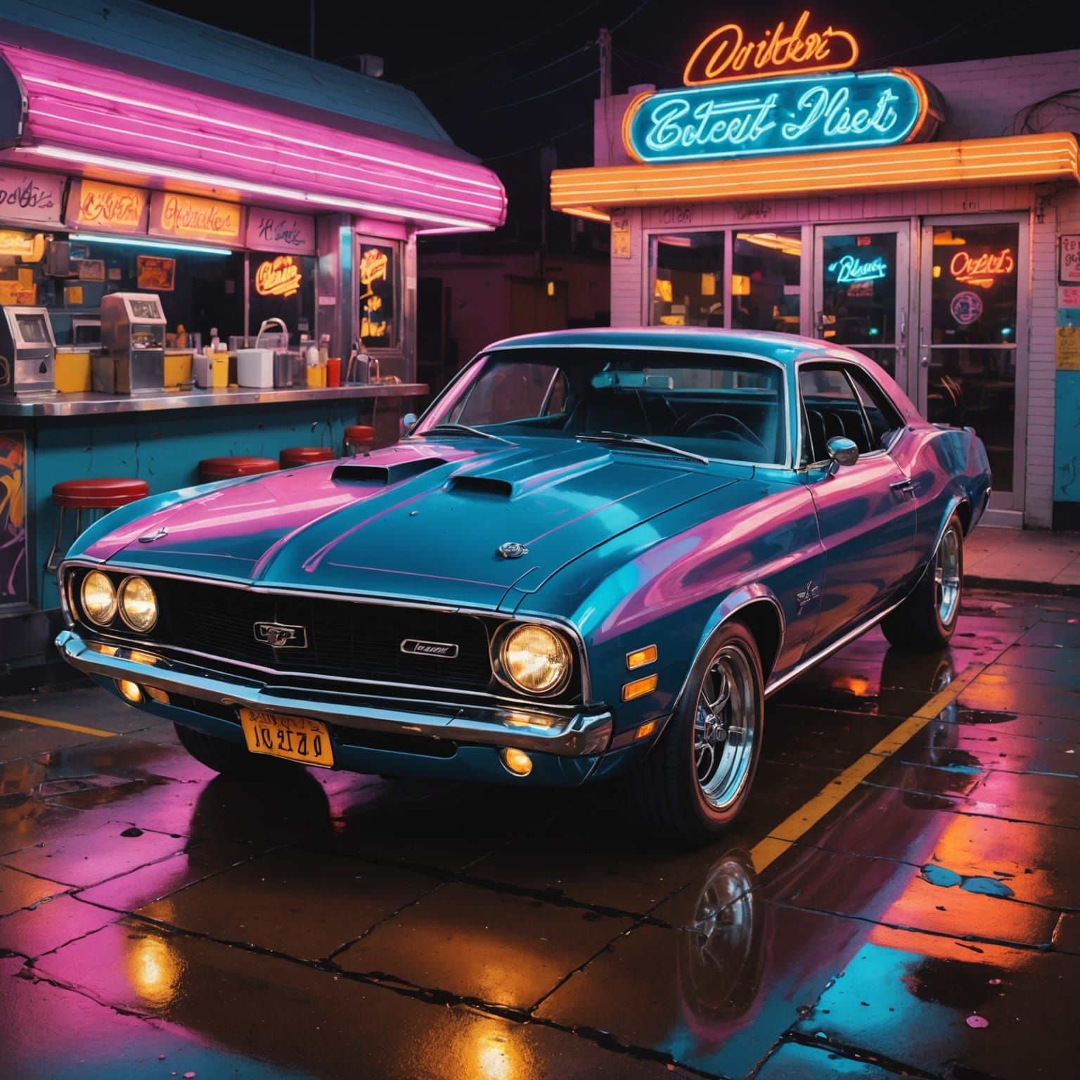 Muscle Car at Neon Diner, Splash Art Style