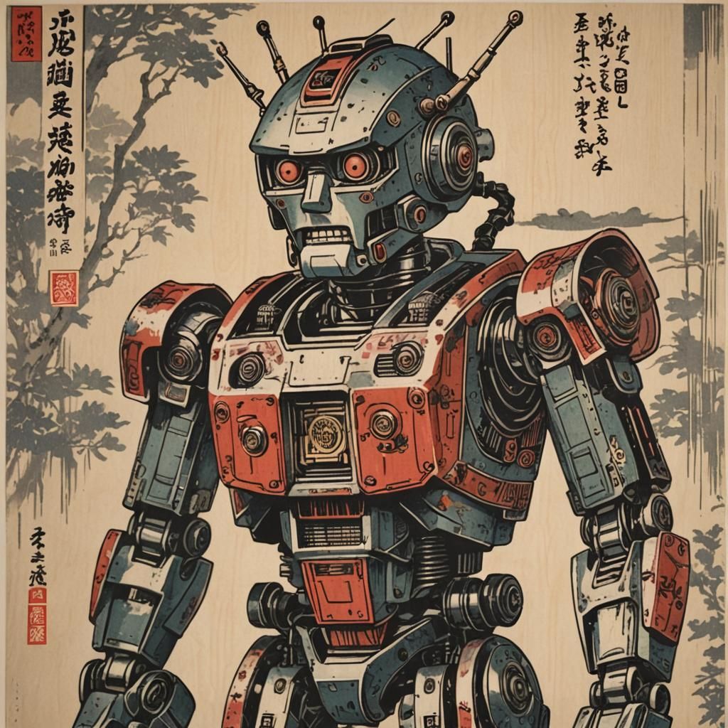 Robot in Japanese Woodblock Style