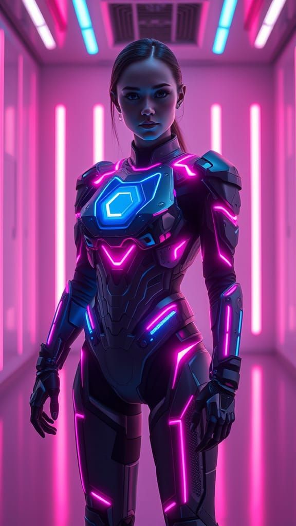 Cyberpunk Female in Neon-Lit Tech Chamber