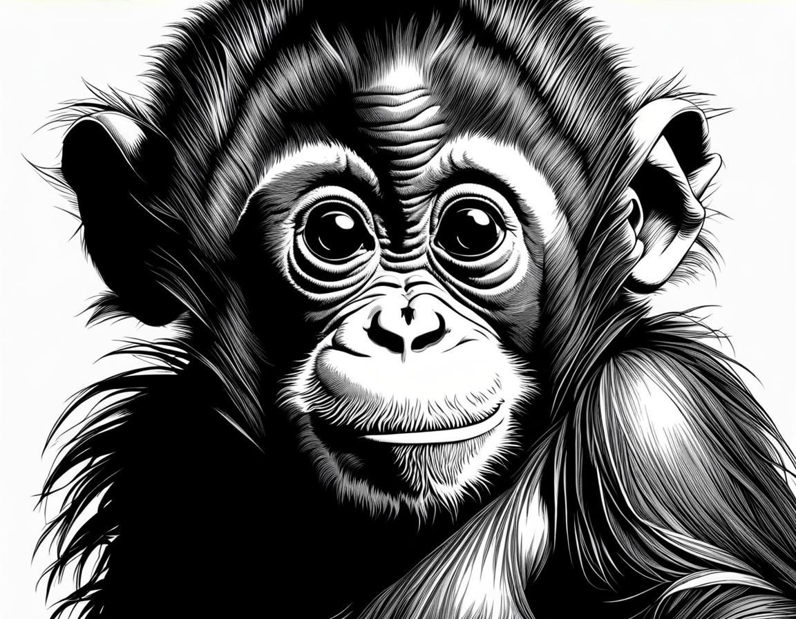 Detailed Line Art Portrait of Baby Orangutan