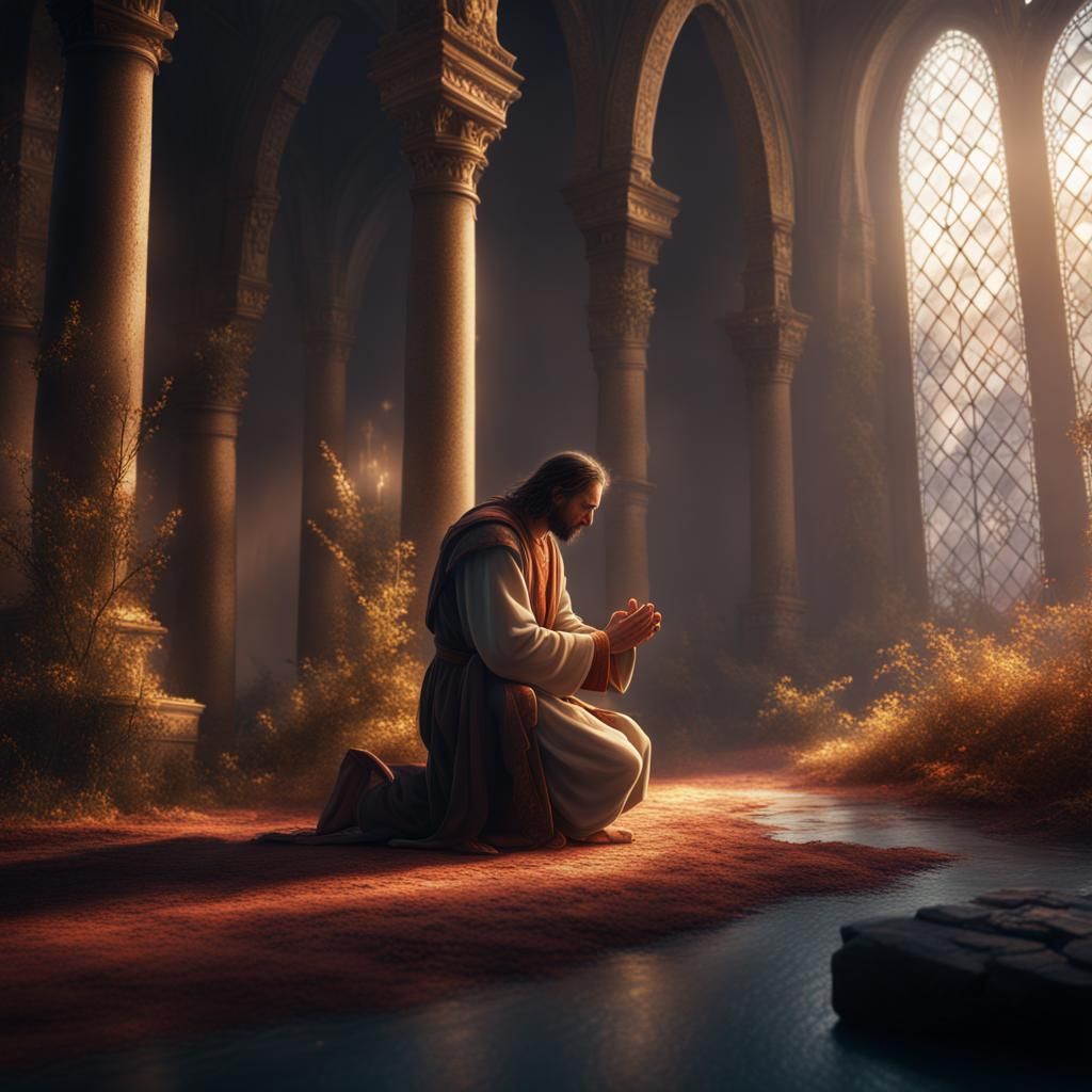 Man Kneeling in Prayer: A Detailed Matte Painting