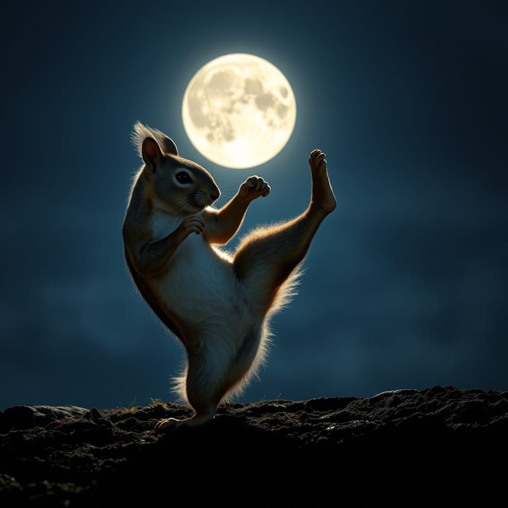 Squirrel Kickboxer Backlit by the Moon