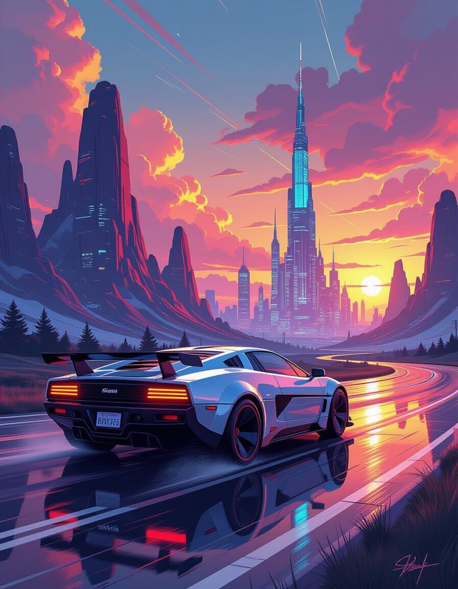 Vibrant Futuristic Scene with Bold Lines and Radiant Colors