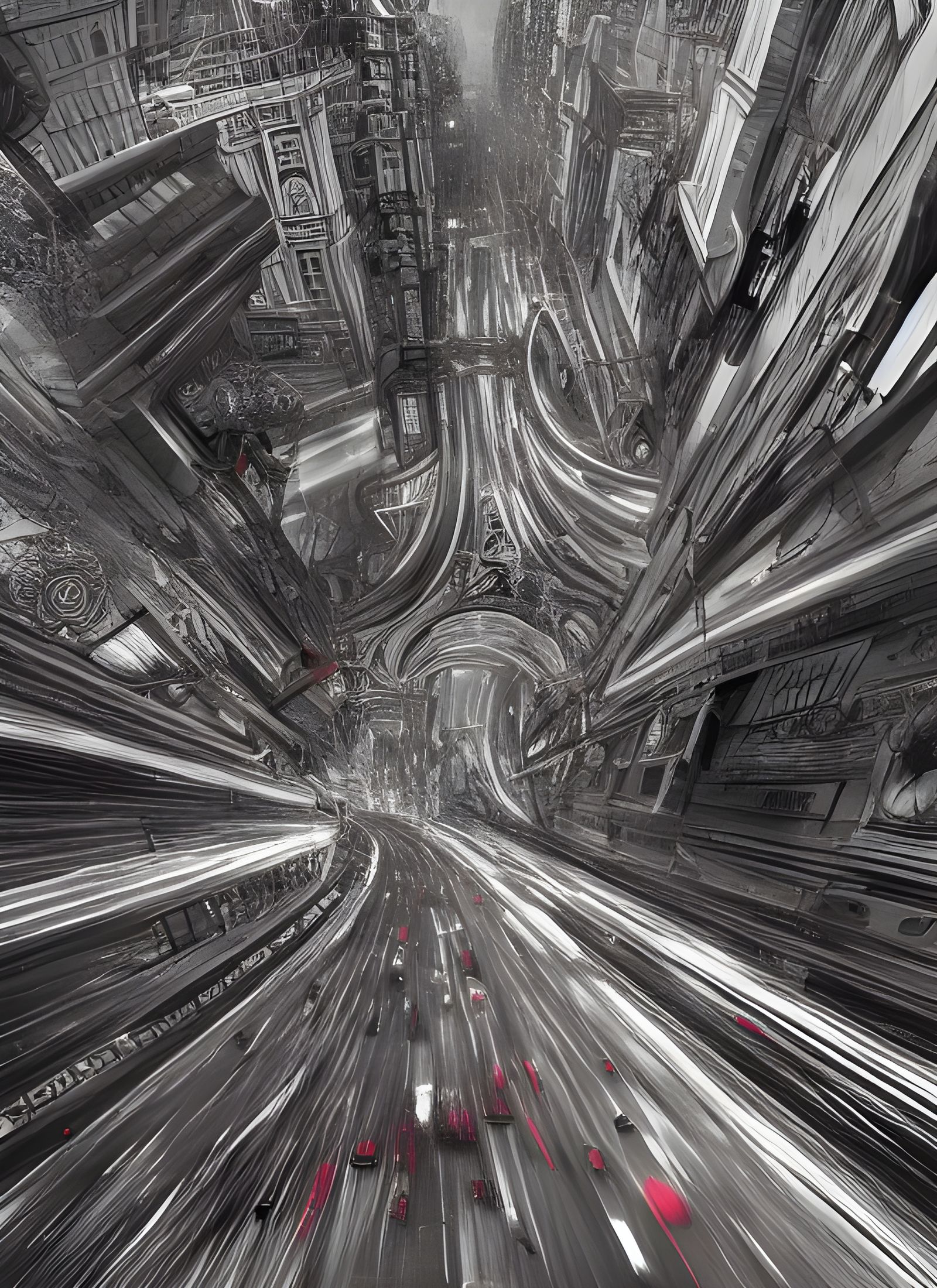 Detailed Grayscale City Rush Hour Panorama