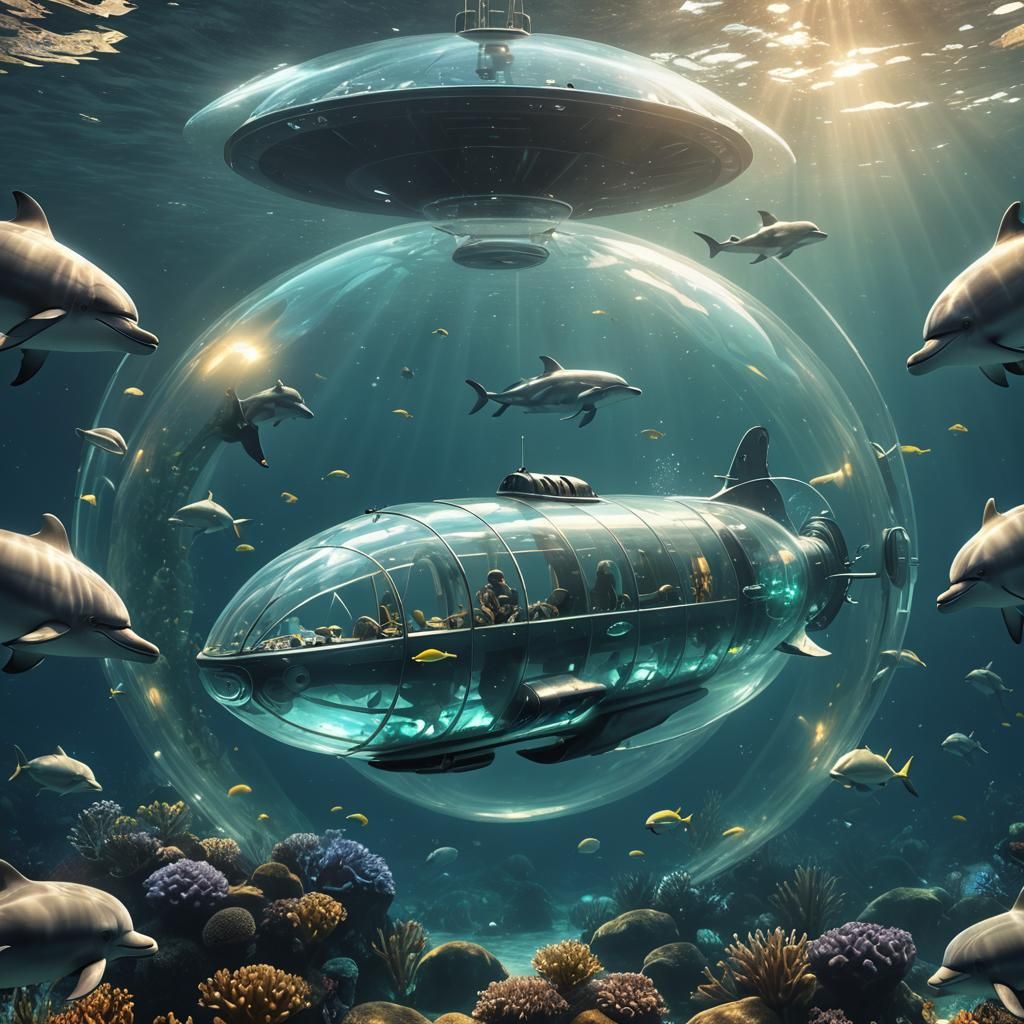 Glowing Transparent Submarine with Dolphins