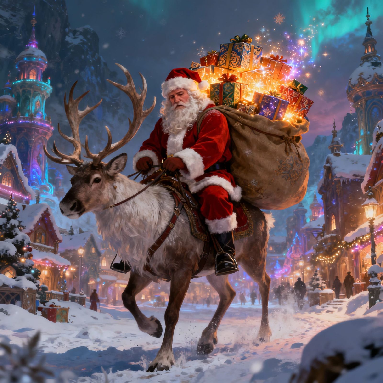 Santa's sleigh broke down. He has to ride a reindeer around the town. Packages in his bag, he will carry hoping that eve...