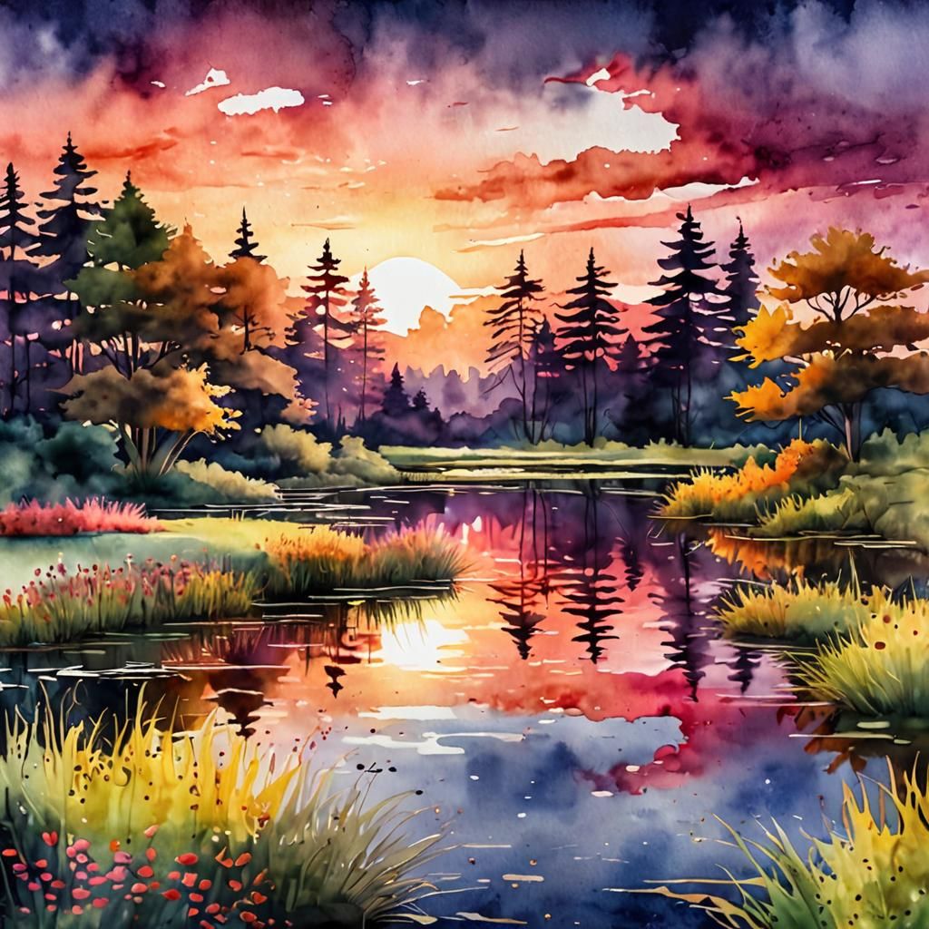 Sunset Pond in Vivid Watercolor